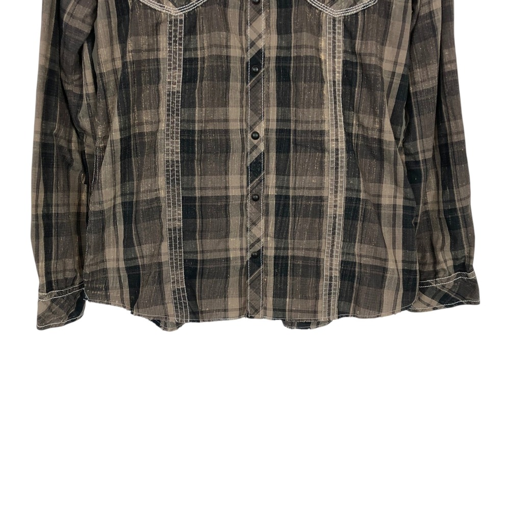 BKE Mens XL Brown Plaid Western Pearl Snap Button Down Shirt Cowboy Rodeo Biker - Picture 5 of 13